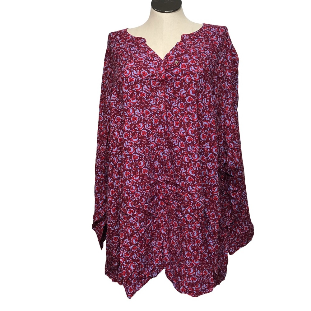 Woman Within Button Up Tunic Top Womens Sz 5X Color Burgundy Floral Long Sleeves
